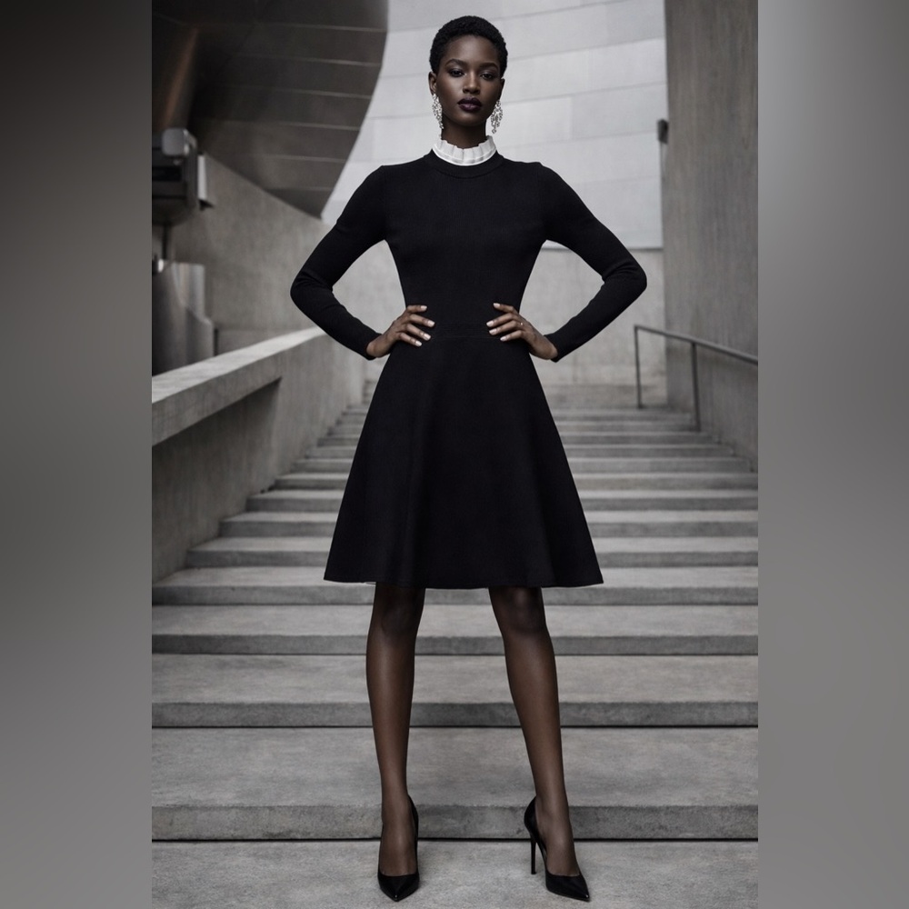 SANDRO Knit Fit & Flare Mock Neck Dress